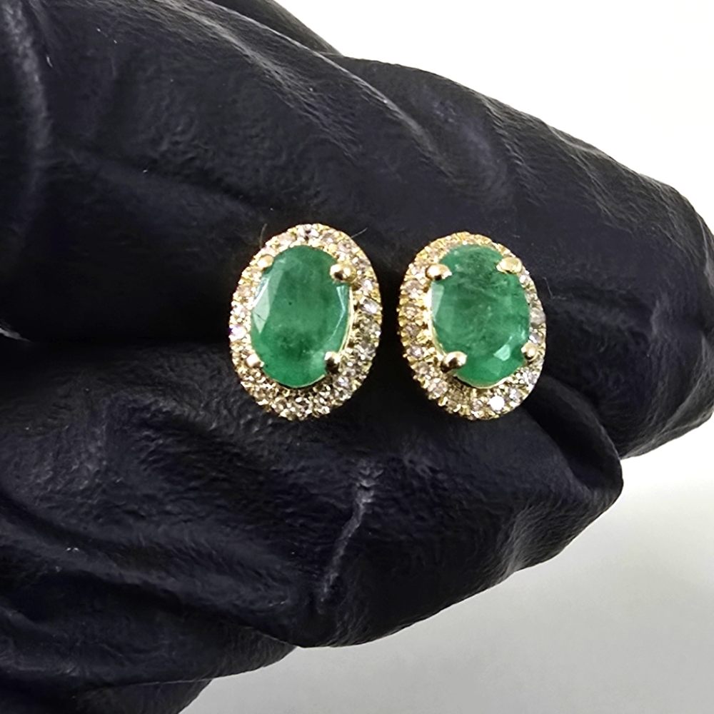 Watch Video / 14K Gold Emerald and Diamond Halo Stud EarringsTimeless Elegance